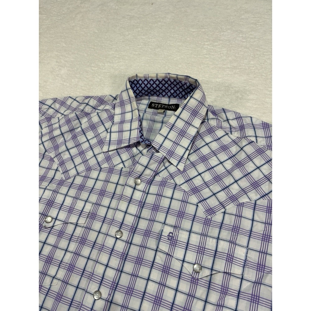 Stetson Mens Purple White Plaid Pearl Snap Button Front Short Sleeve Shirt Large
